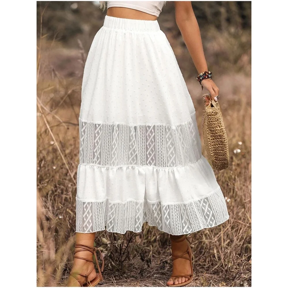 Boho White Lace Ruffle Maxi Skirt - Picture 3 of 4